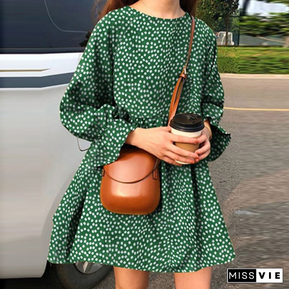 Women Fashion Small Fresh Long Sleeve O Neck Dress Early Autumn Dot Print Mini Dress Ladies Casual Loose High Waist Dresses