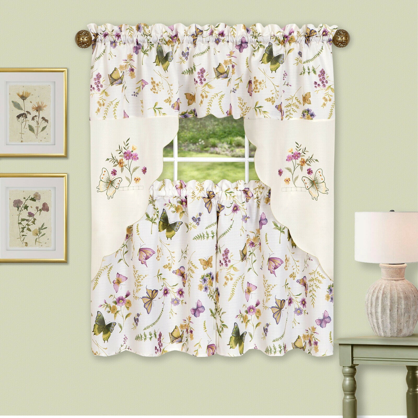 Floral Butterflies Lilac & Lavender 3 Pc Kitchen Curtain Set - 36 in. Long