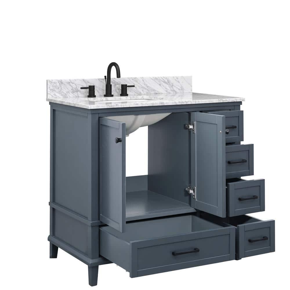 Home Decorators Collection Merryfield 37 in W x 22 in D x 35 in H Bathroom Vanity in Dark Gray with Carrara White Marble Top