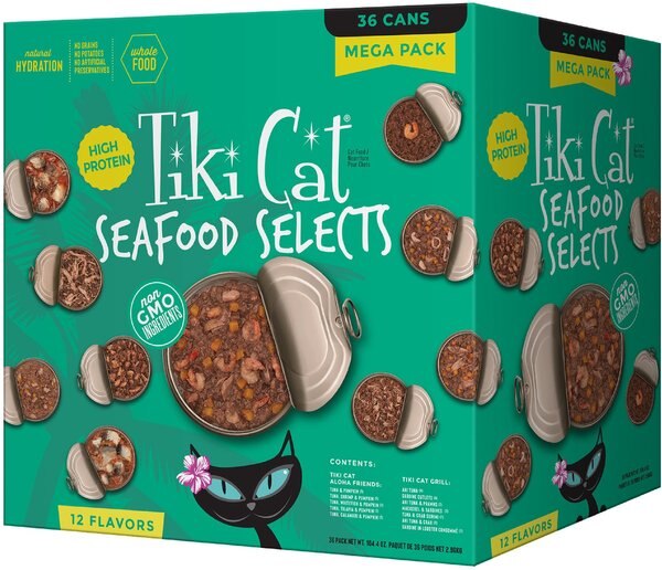 Tiki Cat Seafood Selects Variety Pack Grain-Free Wet Cat Food， 2.8-oz， case of 36