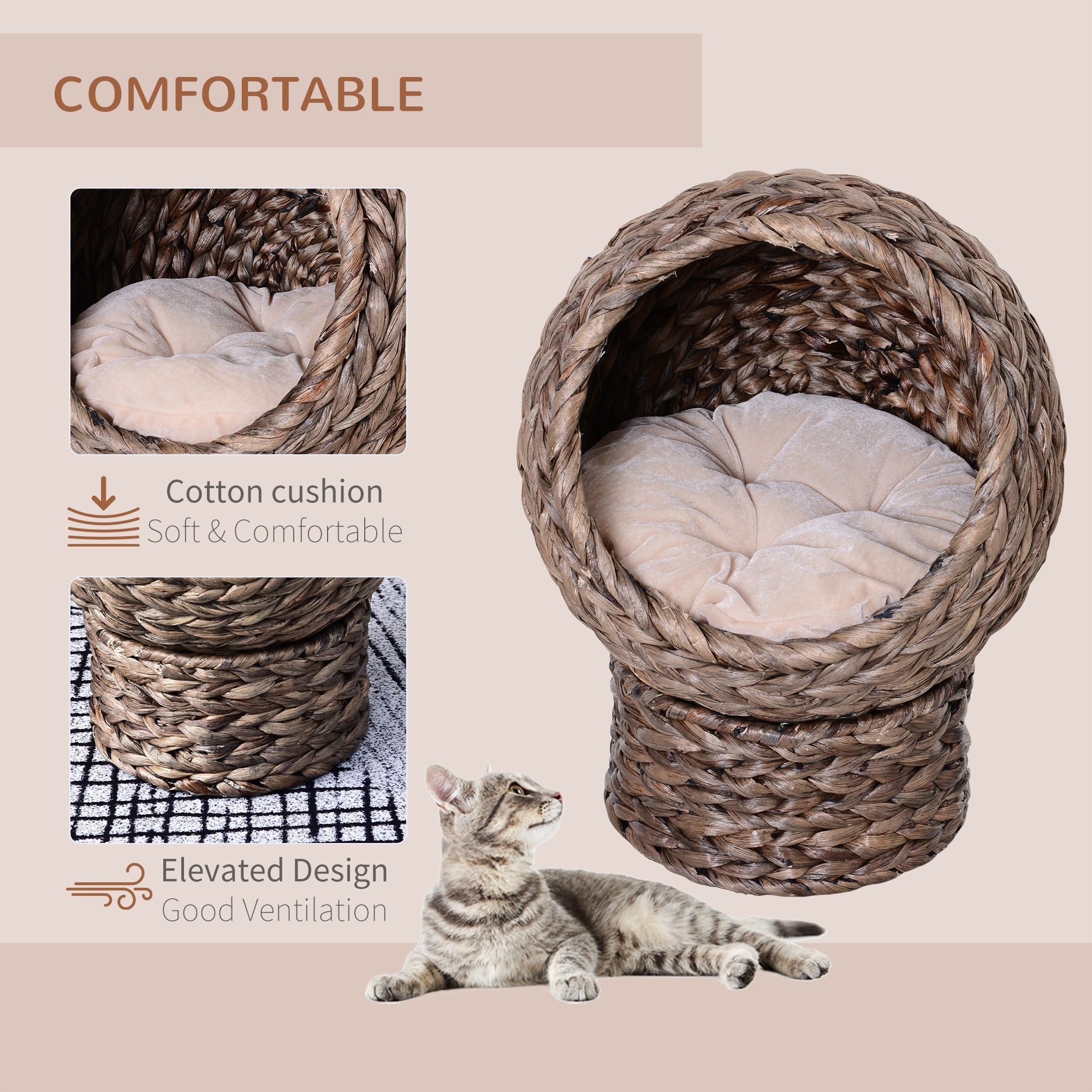 PawHut Handwoven Elevated Cat Bed with Soft Cushion & Cat Egg Chair Shape, Cat Basket Bed Kitty House with Stand, Raised Wicker Cat Bed for Indoor Cats, 20" Dia. x 23.5" H, Dark Brown