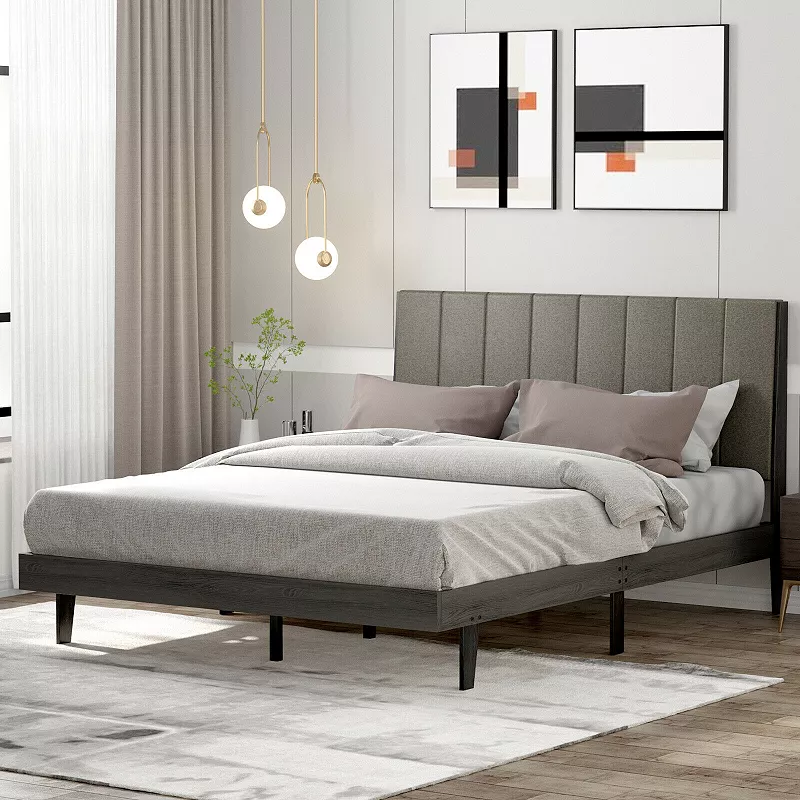 Queen Size Upholstered Bed Frame with Tufted Headboard