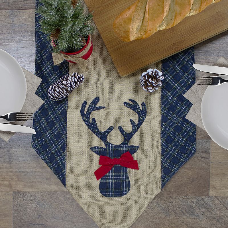 80 Blue and Brown Burlap and Plaid Reindeer Christmas Table Runner