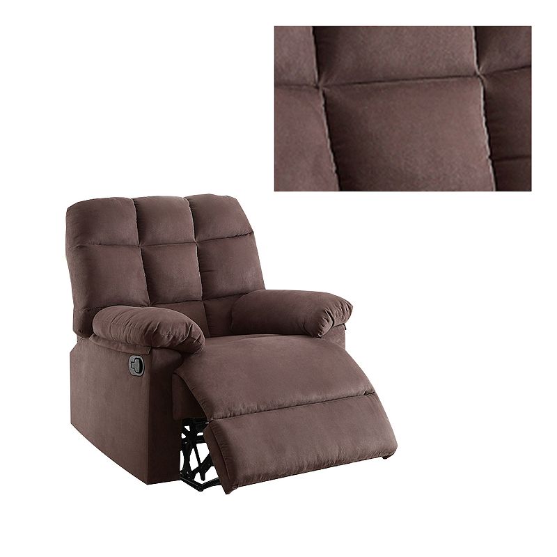 Plush Cushioned Recliner With Tufted Back And Roll Arms In Brown