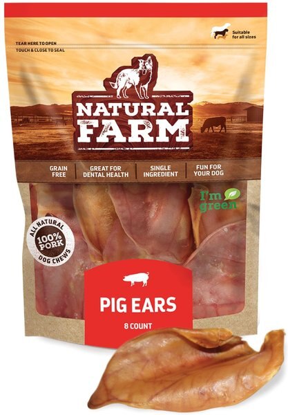 Natural Farm Whole Pig Ears Dog Treats， 8 count