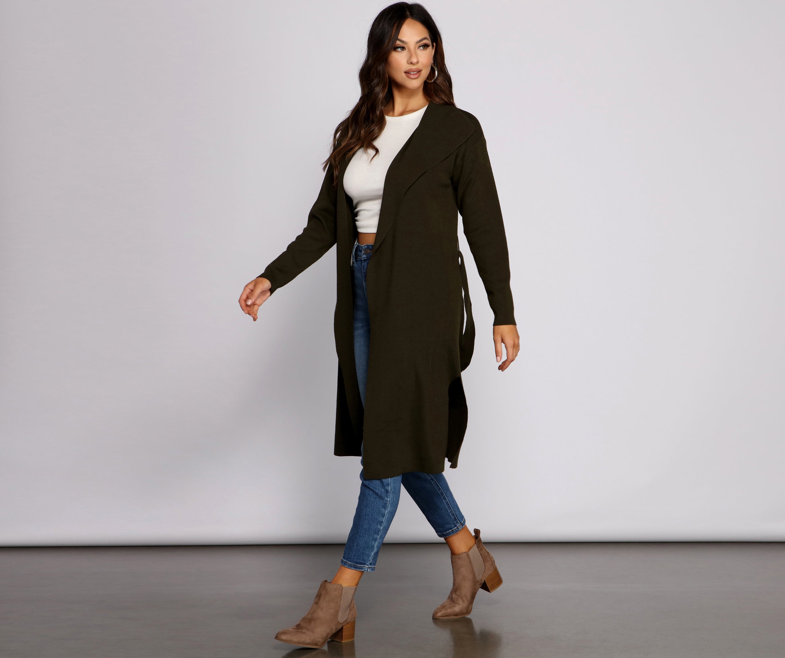 Tie Waist Long Line Cardigan