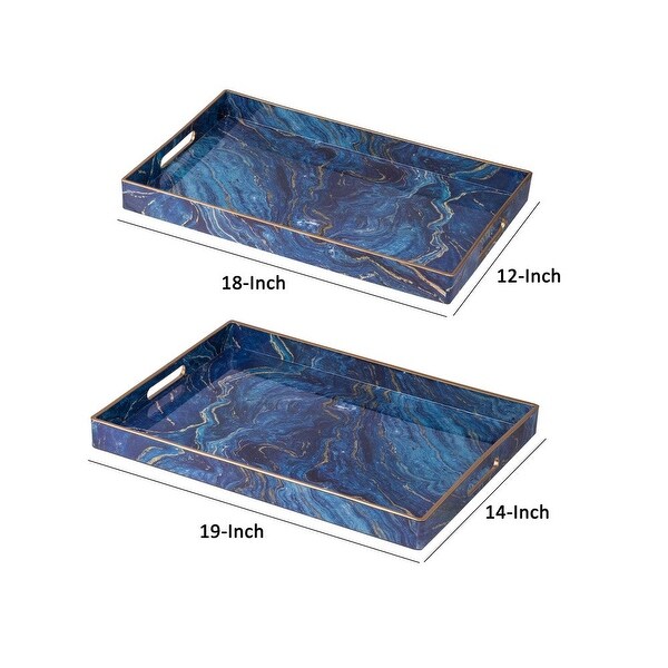 19， 18 Inch Set of 2 Modern Decorative Trays， Blue Pattern with Gold Rim - 26 H x 37 W x 37 L Inches