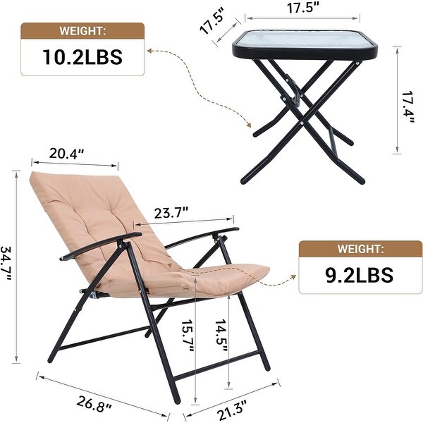 3Piece Folding Patio Bistro Dining Set，Furniture Set with 2 Folding Reclining Chairs with Cushion and 1 Folding Glass Table