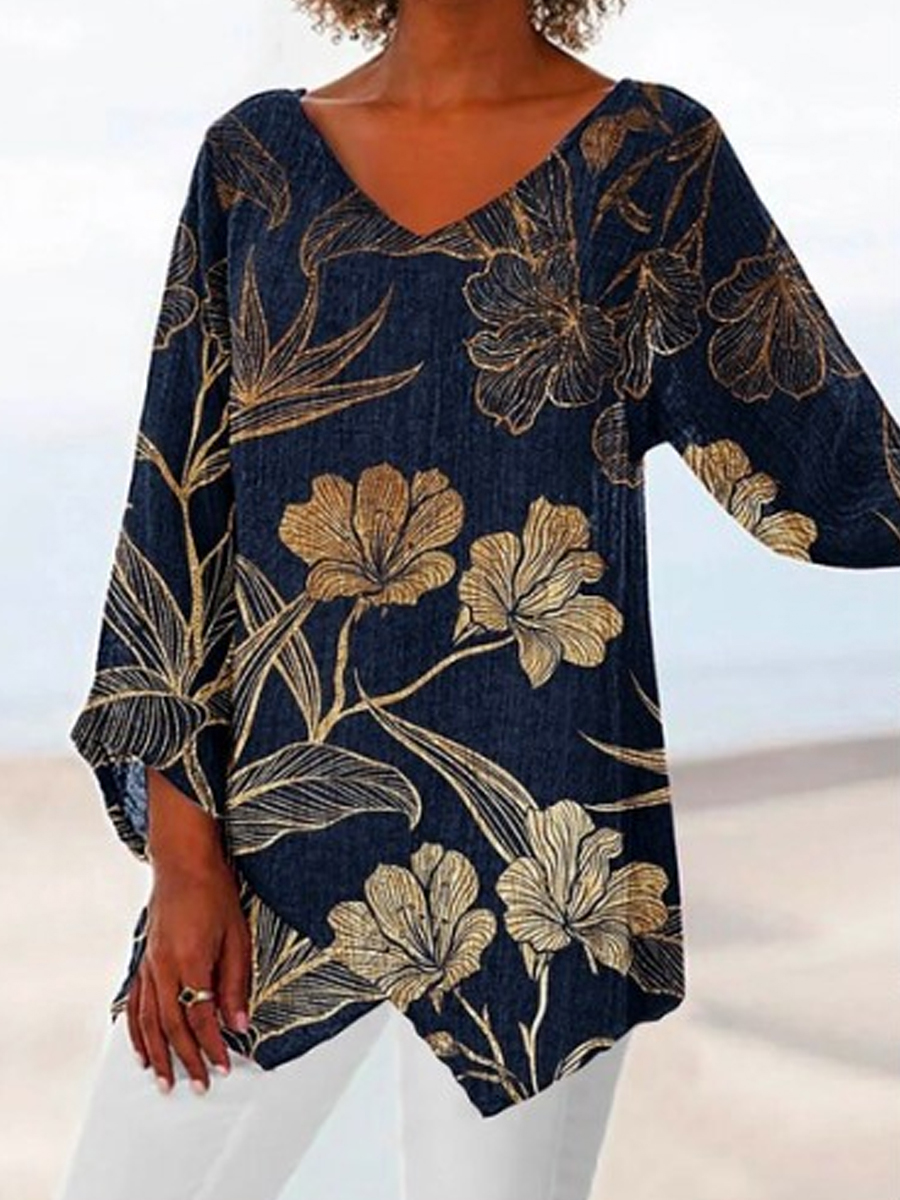 Casual Vintage Print V-Neck Long Sleeve Blouse