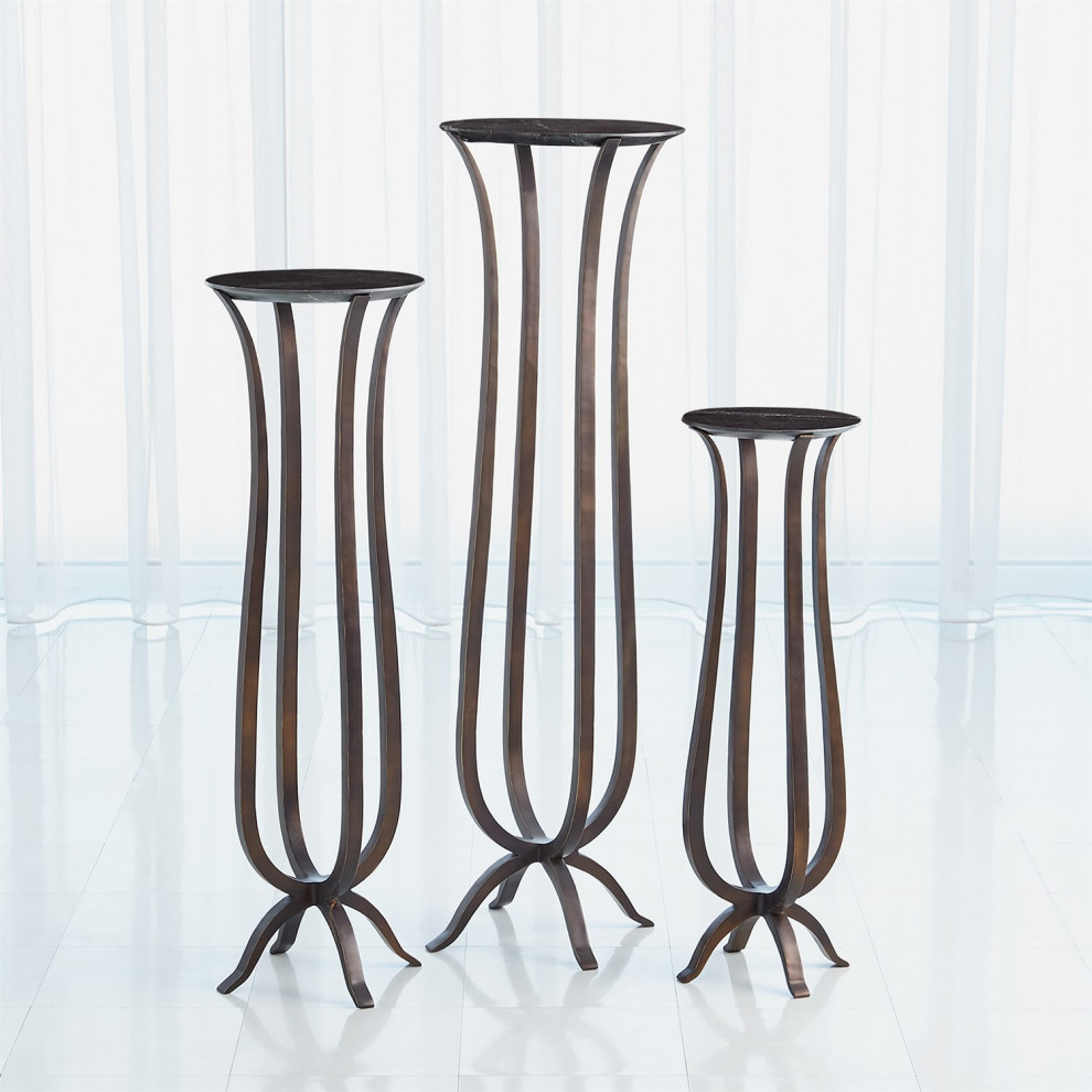 Open Curving Bronze Metal Pedestal Table Black Marble Top   Transitional   Plant Stands And Telephone Tables   by My Swanky Home  Houzz