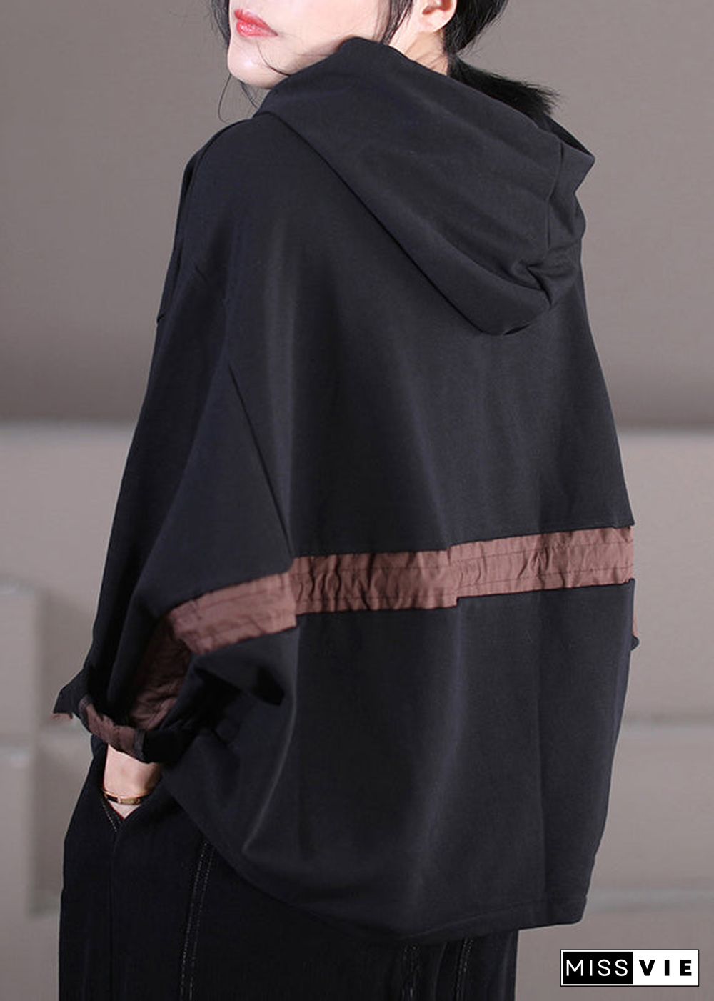 Modern Black Patchwork Drawstring Cotton Hooded Coat Long Sleeve