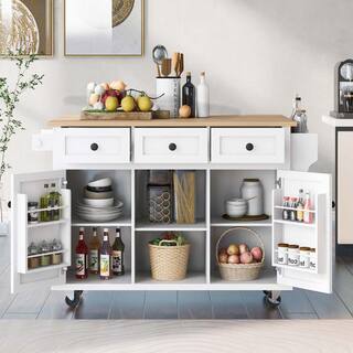 White Wood 53 in. W Kitchen Island Cart with Drop Leaf 2-Storage Cabinets 3-Drawers and Storage Rack LN0207MI-CART-1