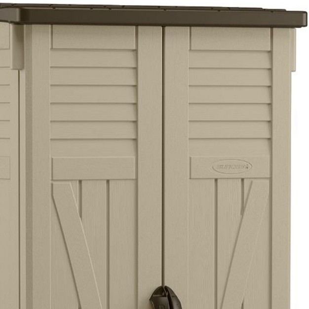 Suncast Bms2000 22 cubic Feet Durable All weather Uv resistant Vertical Tall Storage Shed For Garden Backyard Patio Or Pool Supplies Brown