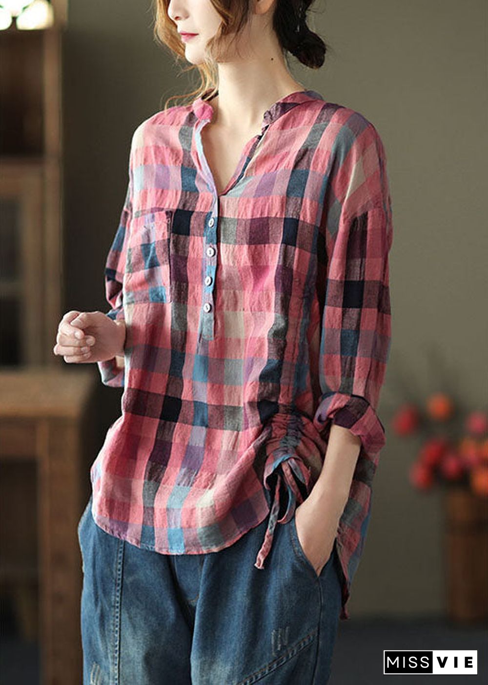 French Pink retro Plaid Button Fall Shirts Long sleeve