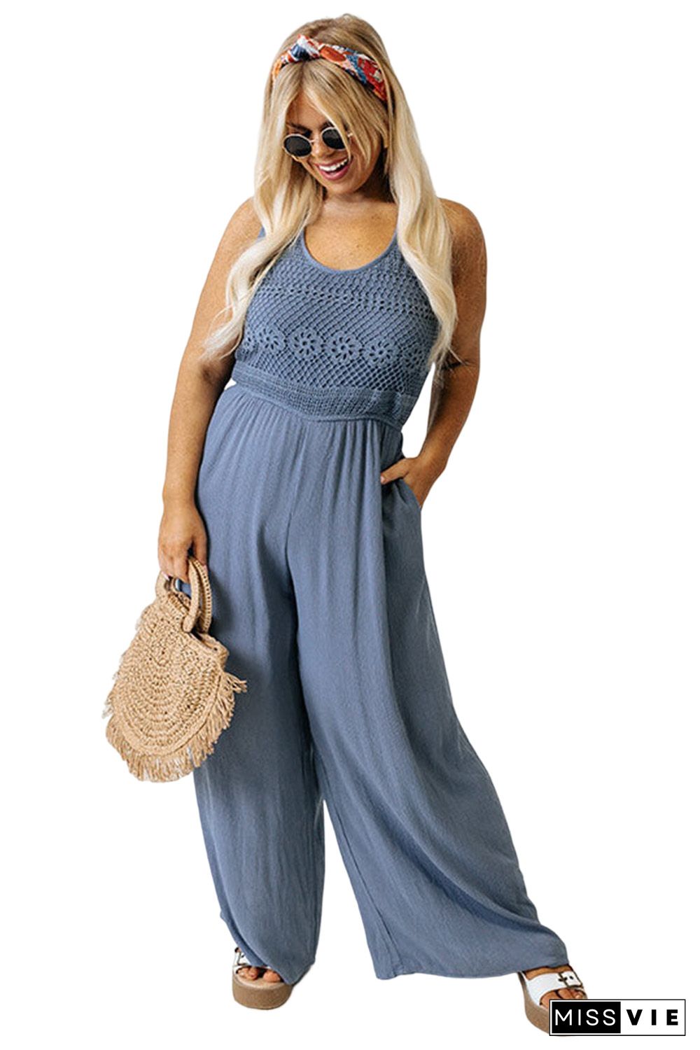 Blue Tie Back Crochet Tank Casual Plus Size Jumpsuit