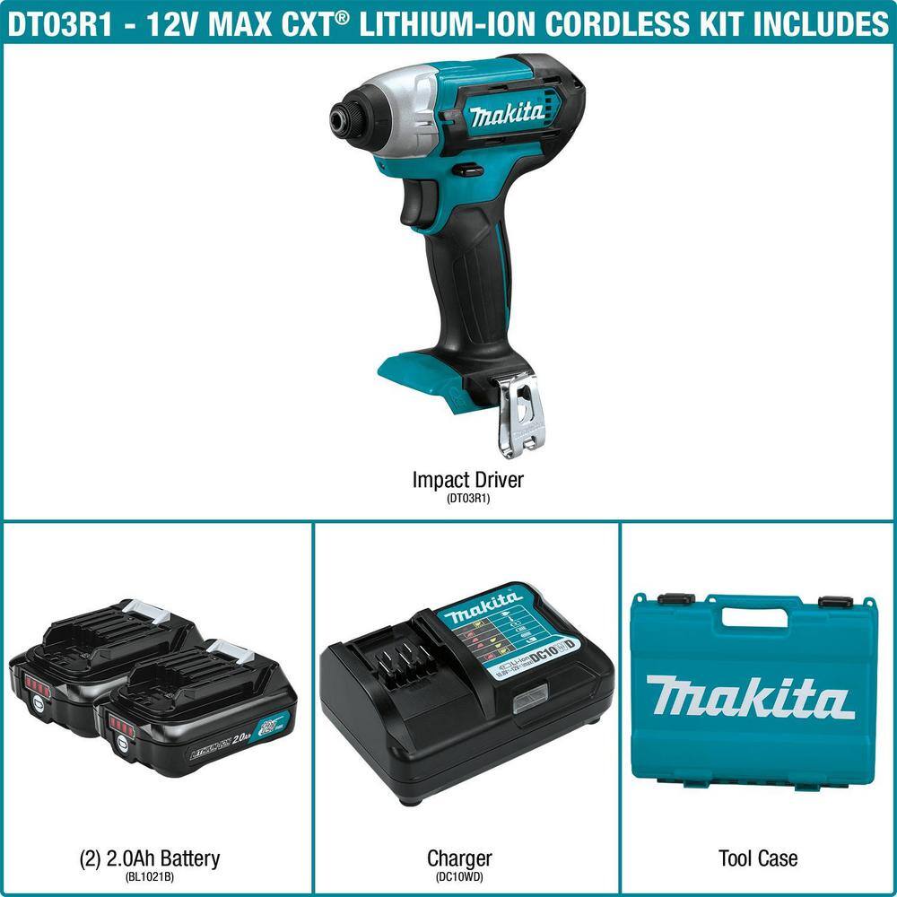 Makita 12V max CXT Lithium-Ion 14 in. Cordless Impact Driver Kit with (2) Batteries 2.0Ah Charger Hard Case DT03R1