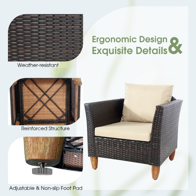 Tangkula 3 Pieces Outdoor Rattan Furniture Set Wicker Bistro Set Wooden Table Top With Cushions