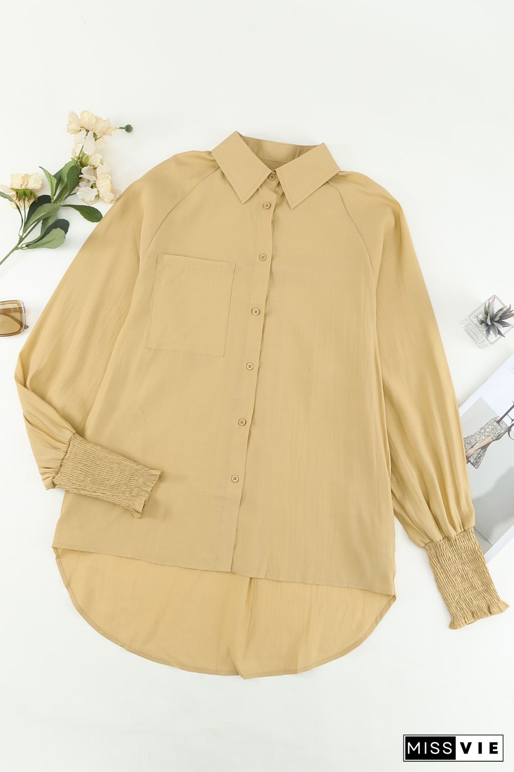 Khaki Billowy Sleeves Pocketed Shirt