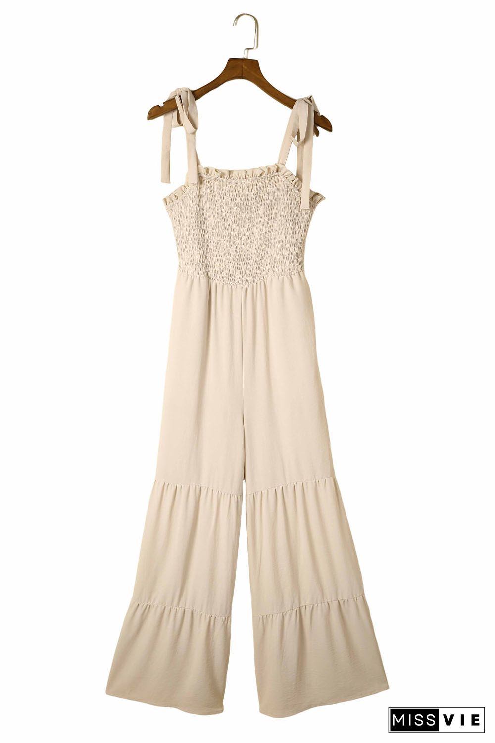 Apricot Tie Straps Shirred Bodice Tiered Wide Leg Jumpsuit