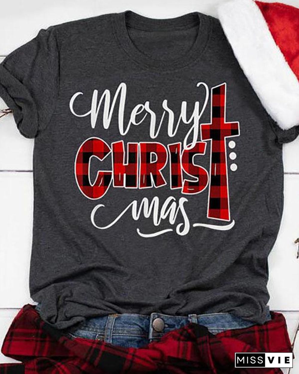 Women Casual Buffalo Plaid Merry Christmas T-Shirt