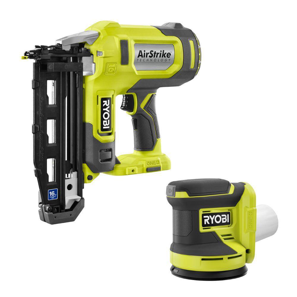 RYOBI ONE+ 18V 16-Gauge Cordless AirStrike Finish Nailer with Cordless 5 in. Random Orbit Sander (Tools Only) P326-PCL406B