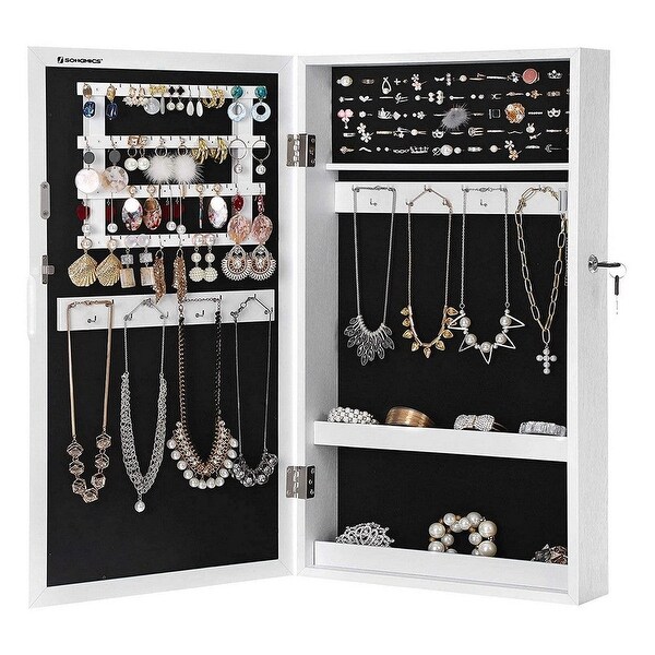 26 Inch Wall Mountable Jewelry Cabinet， Mirror Panel， White - 26.4 L x 3.9 W x 14.6 H Inches - - 37101825