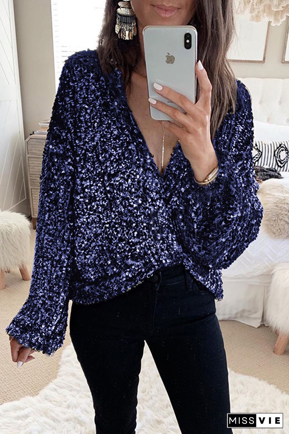 Sequin Stitching Wrap Blouse