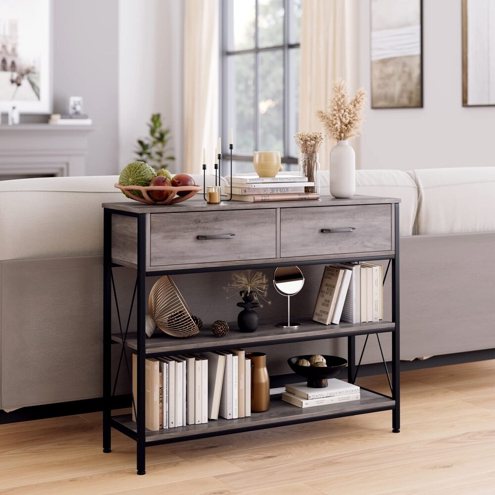 Industrial Console Table with Drawers  Vintage Hallway Foyer Table with Storage Shelves  Narrow Long Sofa Entryway Table