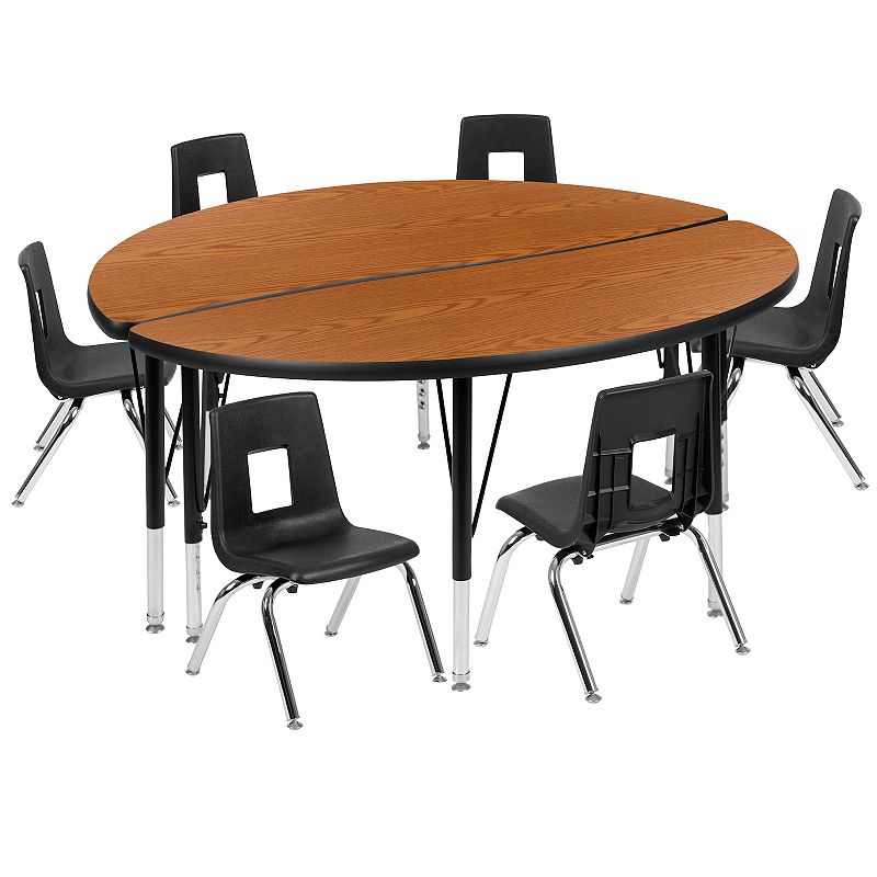 Emma and Oliver 47.5 Circle Wave Activity Table Set with 14 Student Stack Chairs， Oak/Black