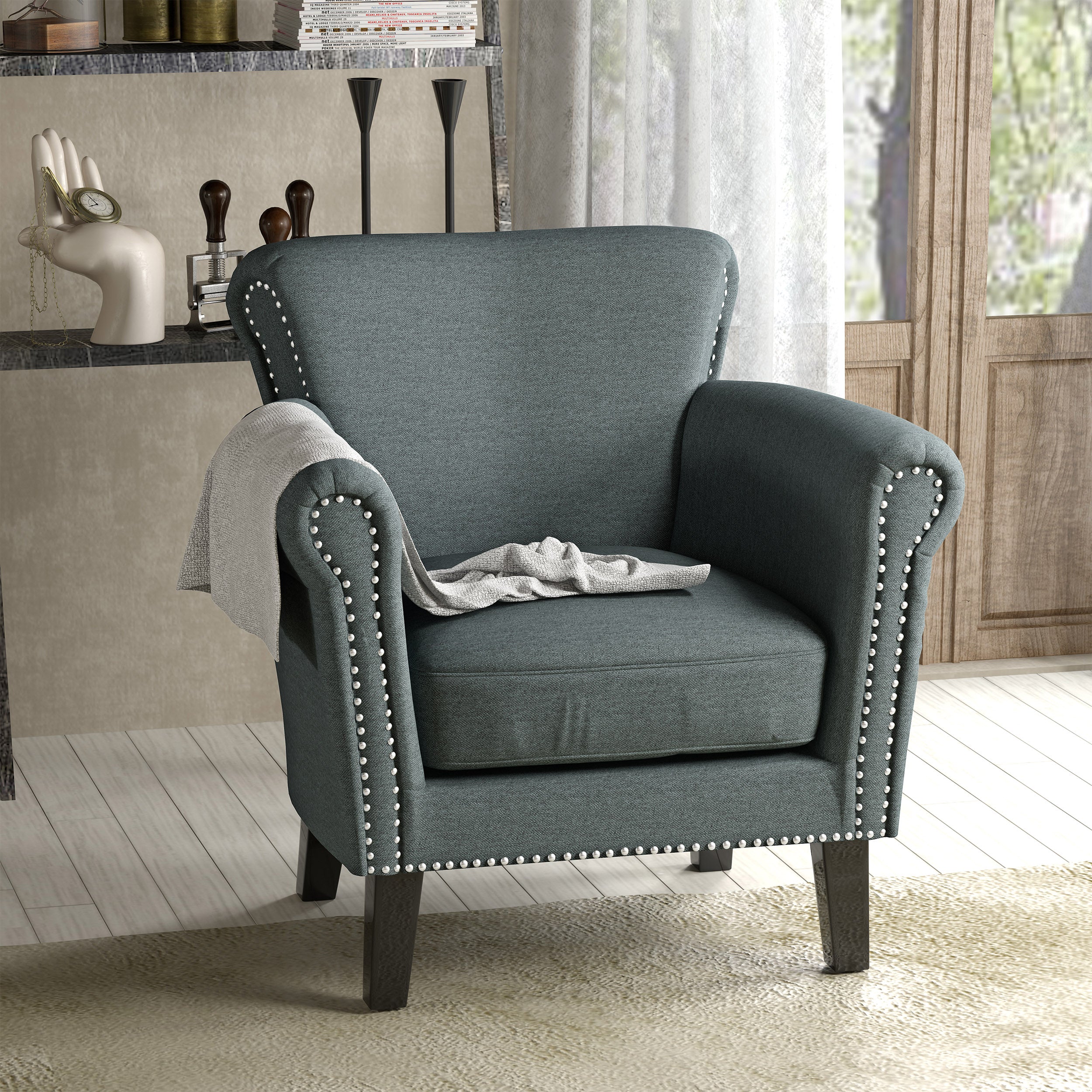 Brice Contemporary Scroll Arm Club Chair with Nailhead Trim