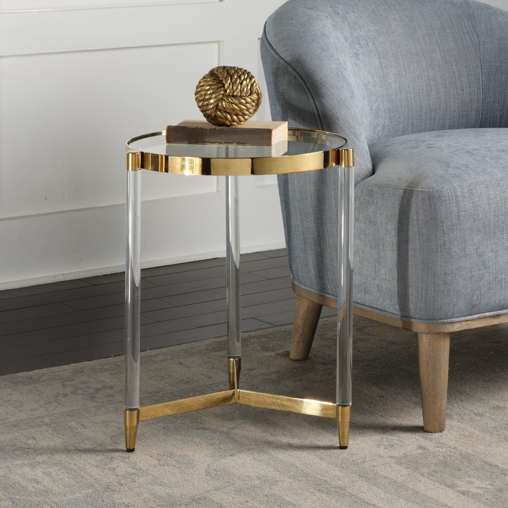 Glam Modern Clear Rods Glass Gold Accent Table  Round Pedestal Side   Side Tables And End Tables   by My Swanky Home  Houzz