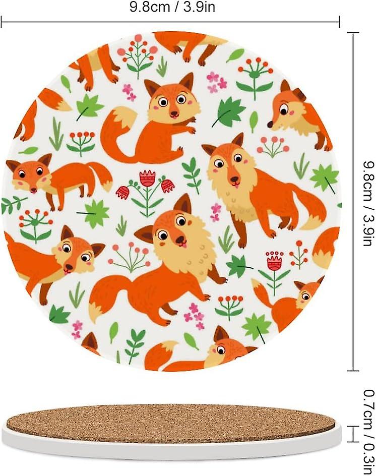 4pcs Round Fox Flowers Leaves Ceramic Coasters With Cork-backed For Coffee Drink Cup Mat Absorbent Stone Coasters