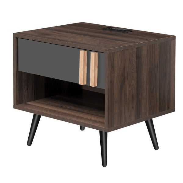 Wooden Nightstand with Usb Charging Ports， End Table for allway， Foyer， Den， Living Room，Gray+Walnut