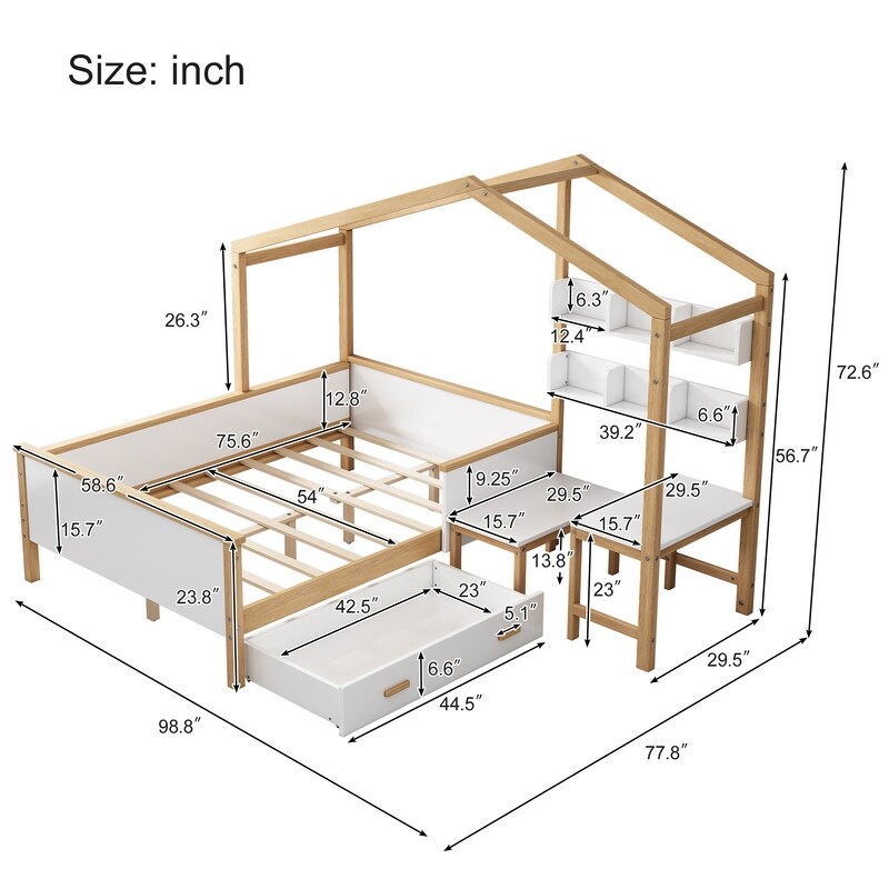 2 Pieces Bedroom Sets Full Size Wooden House Bed with Desk and 6 Drawer Chest  Platform Bed w/ Drawer and Shelves for Kids' Room