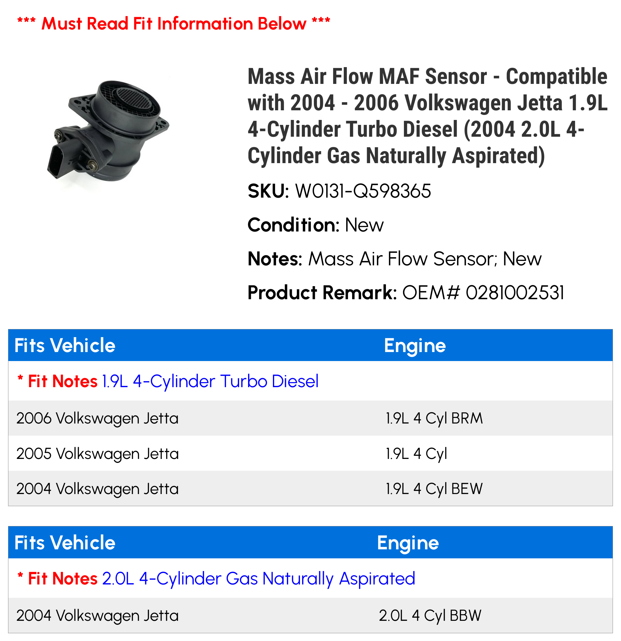 Mass Air Flow MAF Sensor - Compatible with 2004 - 2006 Volkswagen Jetta 1.9L 4-Cylinder Turbo Diesel (2004 2.0L 4-Cylinder Gas Naturally Aspirated) 2005