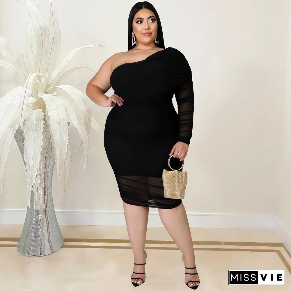 Plus Size Mesh Solid Single Sleeve Bodycon Dress