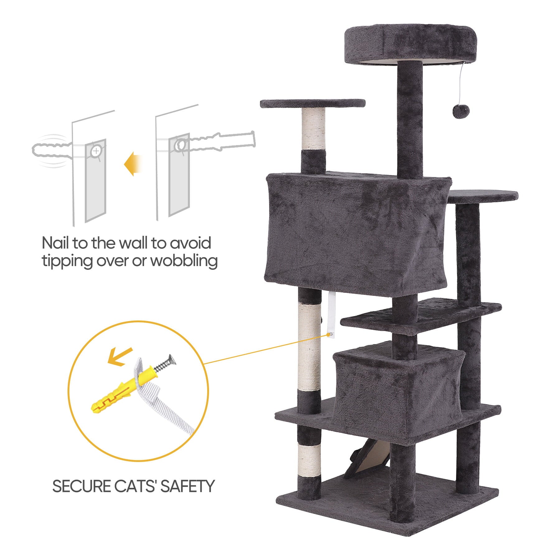 HomGarden 55''H Multi-Level Cat Tree Condo W/Scratching Post Tower and Perch， Play House Dark Gray