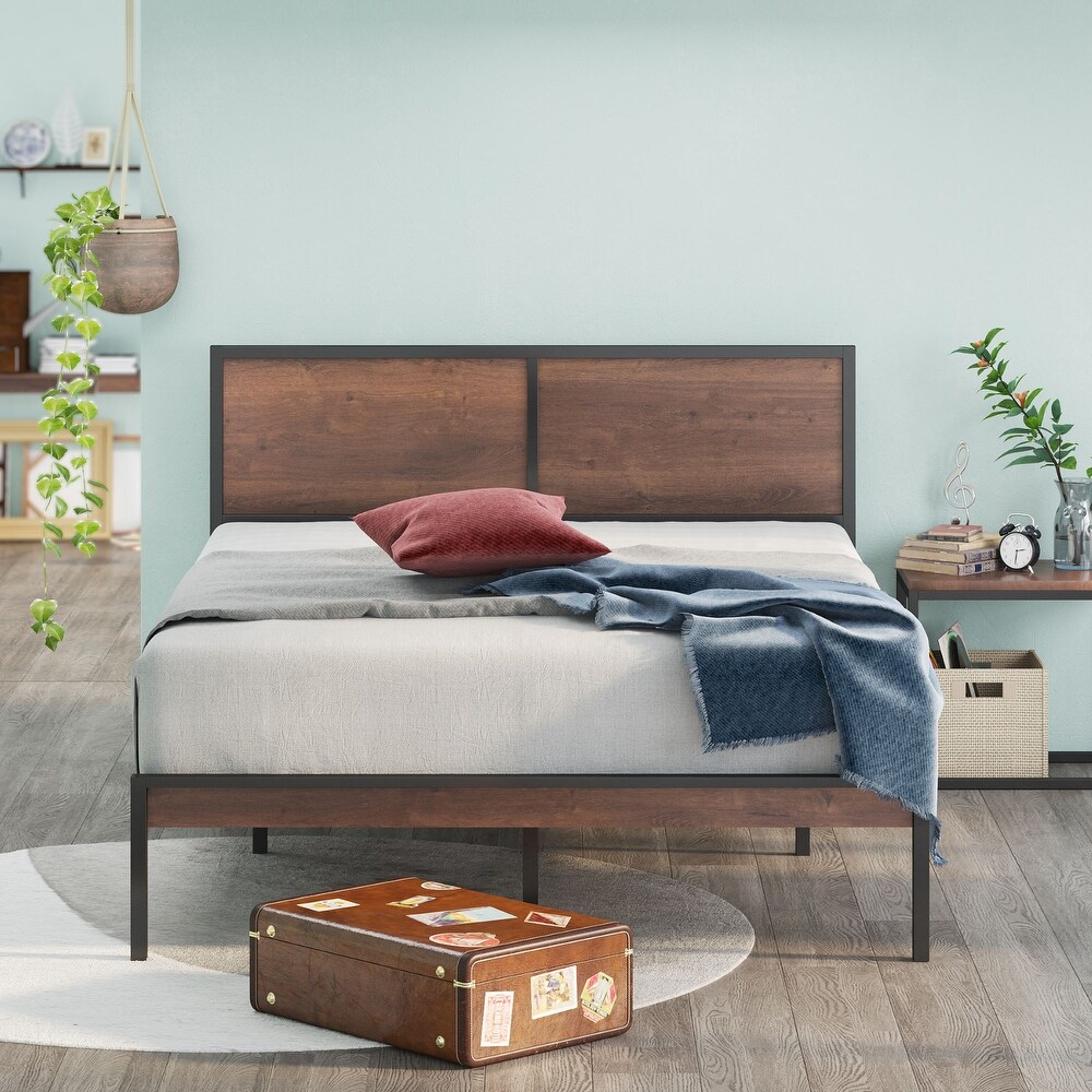 Priage by ZINUS Black and Brown Metal Platform Bed Frame with Split Headboard