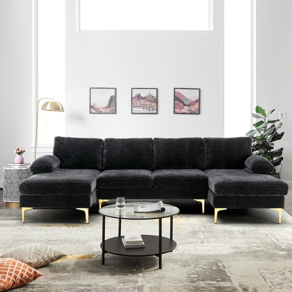 Polyester Upholstered U shaped Stationary Sectional Sofa With Wood Legs