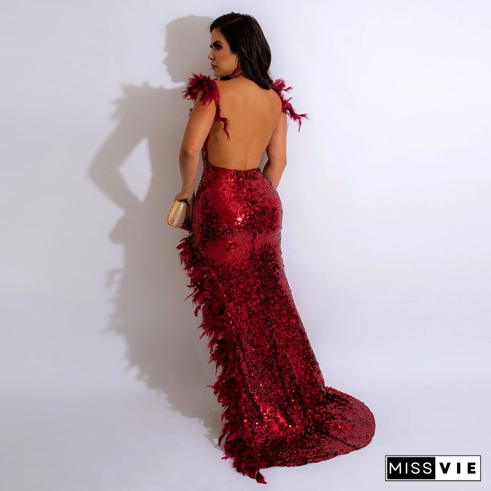 Sexy V-neck Feather Camisole High Slit Sequined Backless Dress