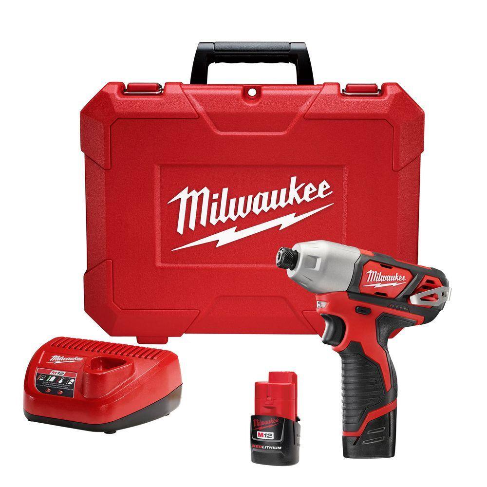 MW M12 12V Lithium-Ion Cordless 14 in. Impact Driver Kit W(2) 1.5Ah Batteries Charger  Case 2462-22