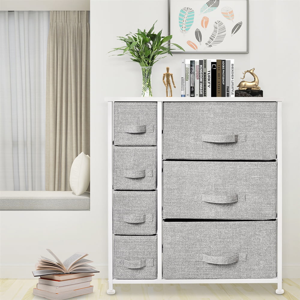 Bigroof Storage Organizer 7 Drawers for Bedroom Fabric Steel Frame Wood Top Light Gray