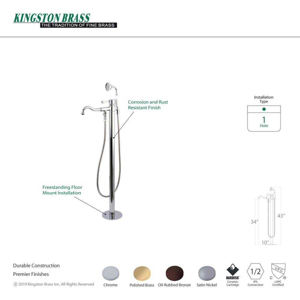 Kingston Brass Kaiser Single-Handle Floor-Mount Roman Tub Faucet with Hand Shower in Polished Brass HHKS7132DPL