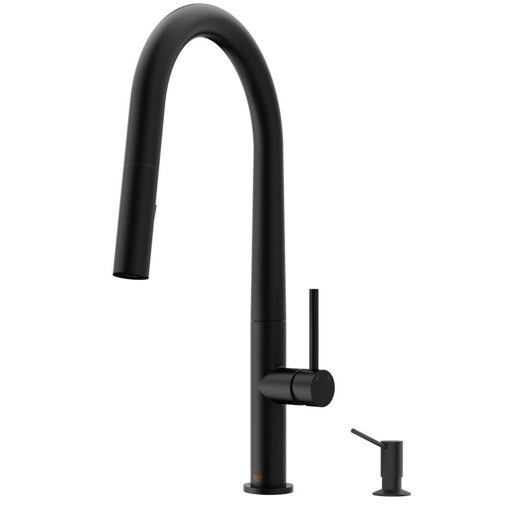 VIGO Greenwich Single Handle Pull-Down Sprayer Kitchen Faucet Set with Soap Dispenser in Matte Black VG02029MBK5