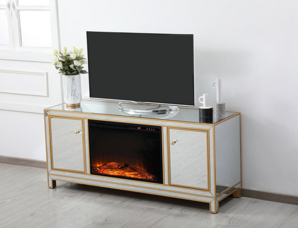 Jesse 60 quotMirrored TV Stand With Wood Fireplace   Contemporary   Entertainment Centers And Tv Stands   by Elegant Furniture  ampLighting  Houzz