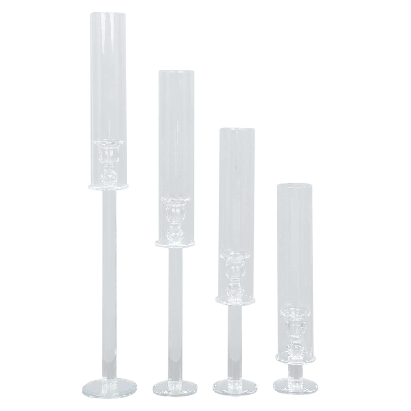 Set of 4 Clear Crystal Glass Hurricane Taper Candle Holders With Tall Cylinder Chimney Tubes 14