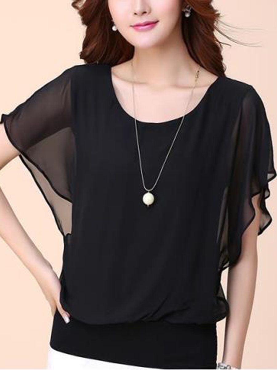 Spring Summer  Blend  Women  Crew Neck  Plain  Short Sleeve Blouses