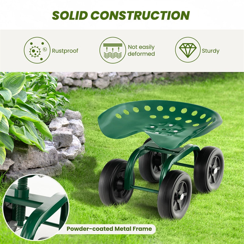 Heavy Duty Rolling Garden Cart Adjustable Height Utility Stool Cart with 360¡ã Swivel Seat & Wheels