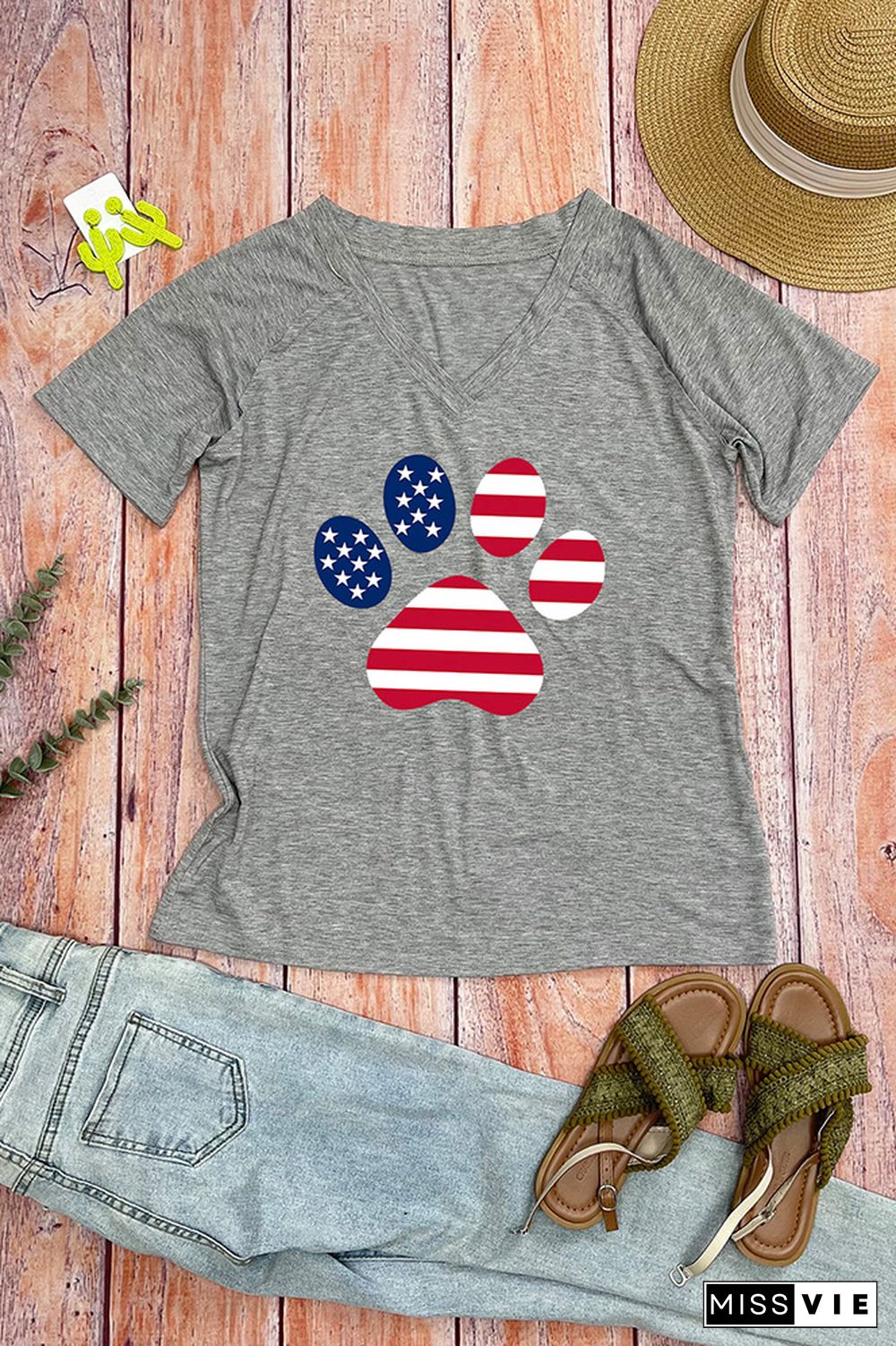 American Dog US Flag Print V Neck Graphic Tee