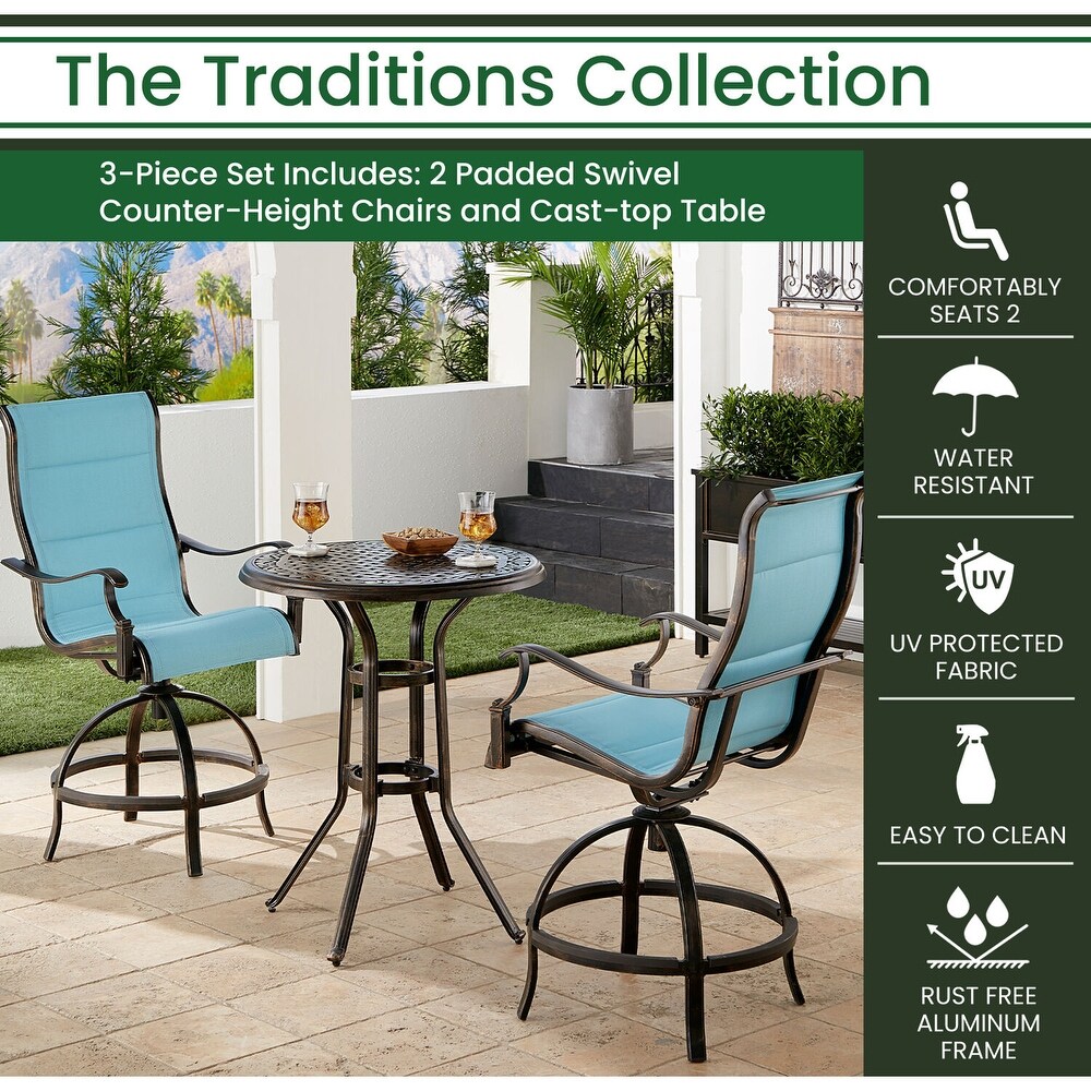 Hanover Traditions 3 Piece High Dining Bistro Set in Blue with 2 Padded Swivel Counter Height Chairs and 30 in. Cast top Table